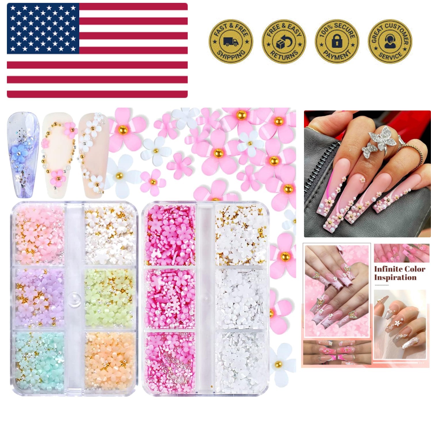 3D Flower Nail Charms, 2 Boxes 3D Acrylic Flower Nail Art Charms and Gems Whi…