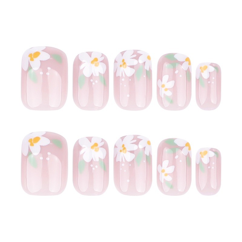48Pcs-Nude White Daisy Press on Nails Short Round Nail Art Green Leaf Detail