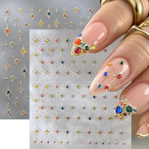 2 Sheets Star Nail Stickers for Nail Art Gold Nail Decals Colorful Style G