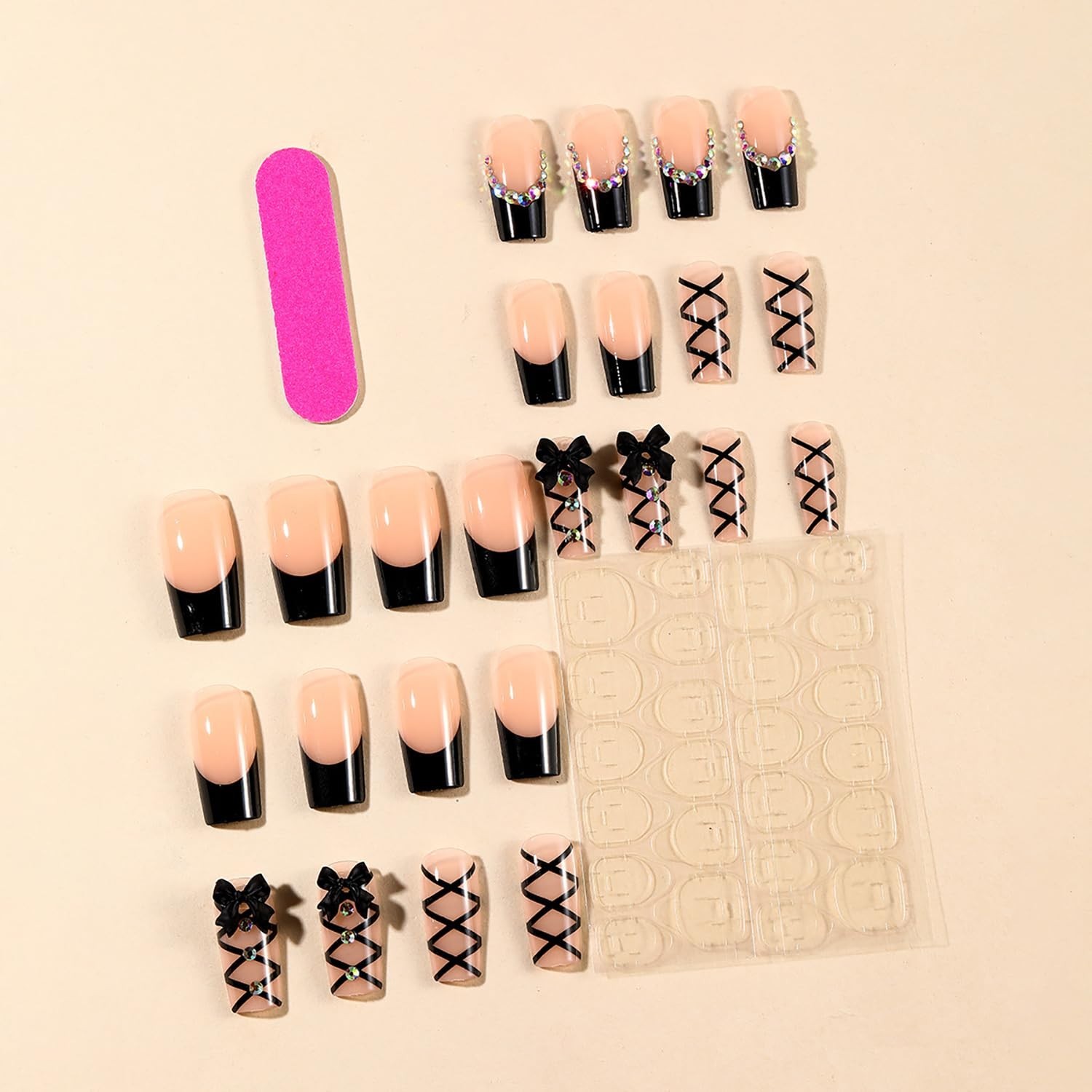 24Pcs Black French Press on Nails Medium Square 1 Fl Oz (Pack of 1), Multi