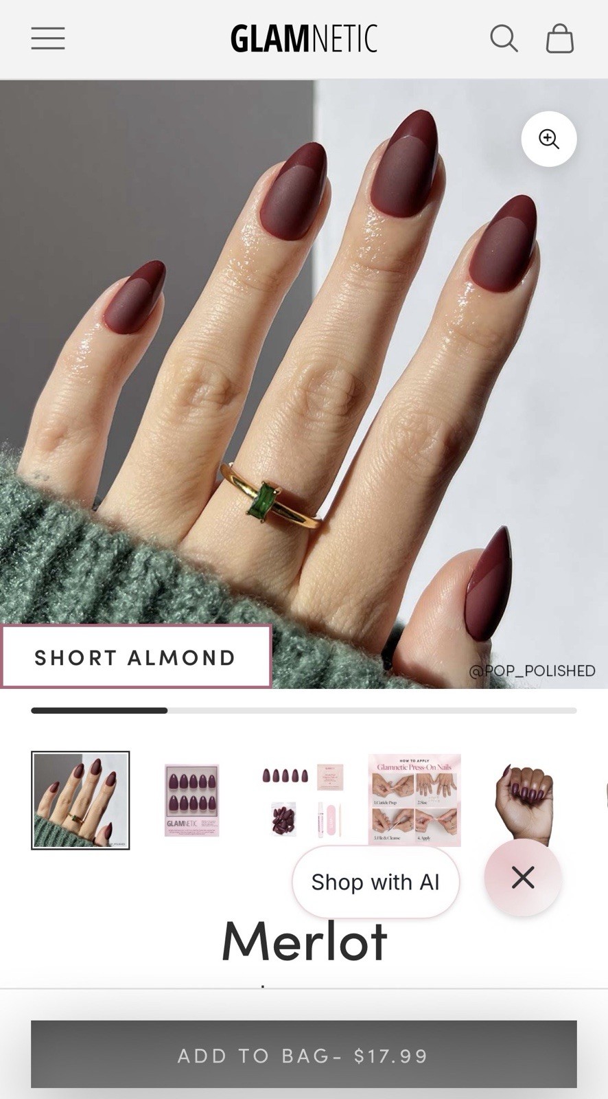 Glamnetic Press-On Nails Merlot Short Almond, 30-Nail Kit with Glue