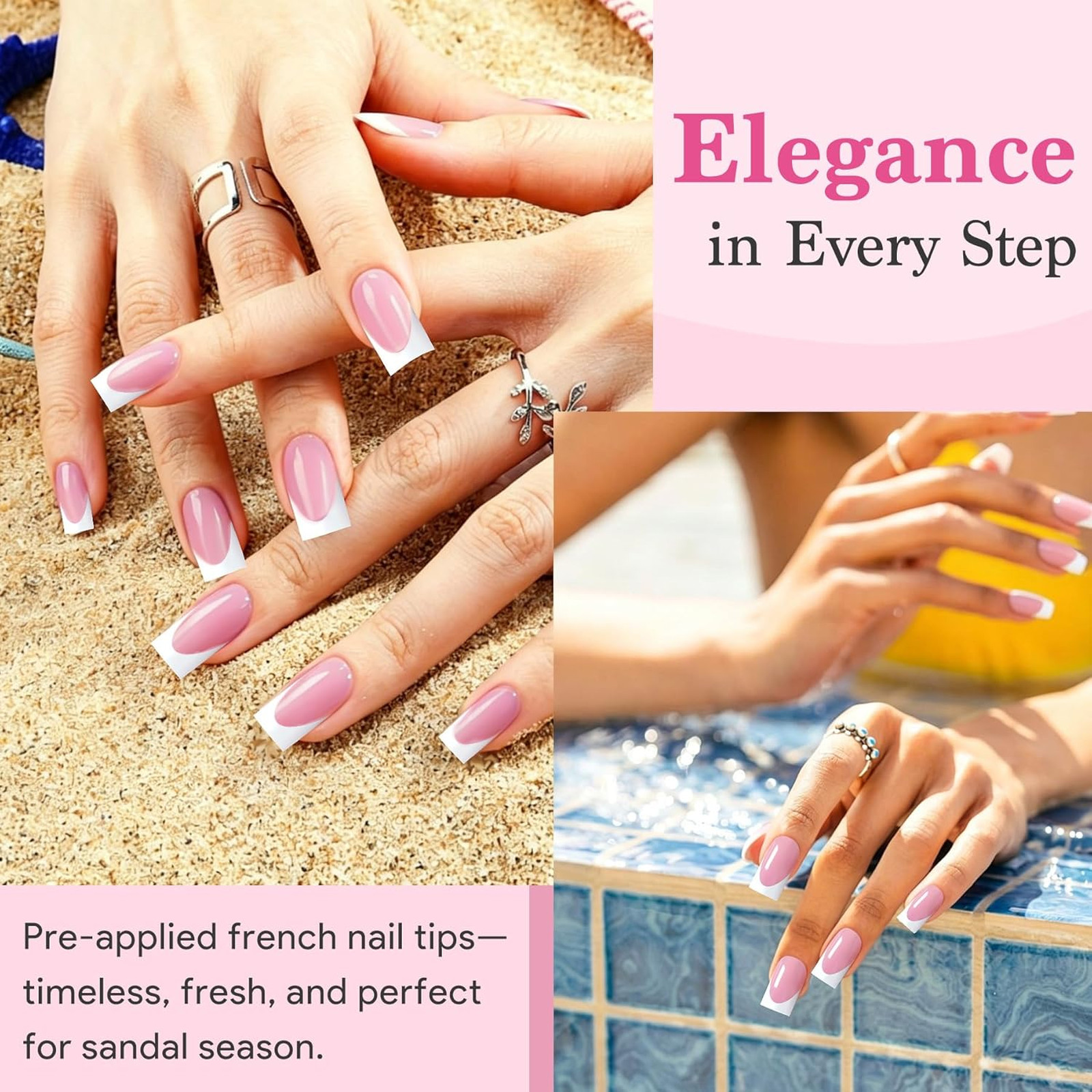 French Tips Press On Nails, 150Pcs Deep Pink Short Square Soft Gel Fake Nails