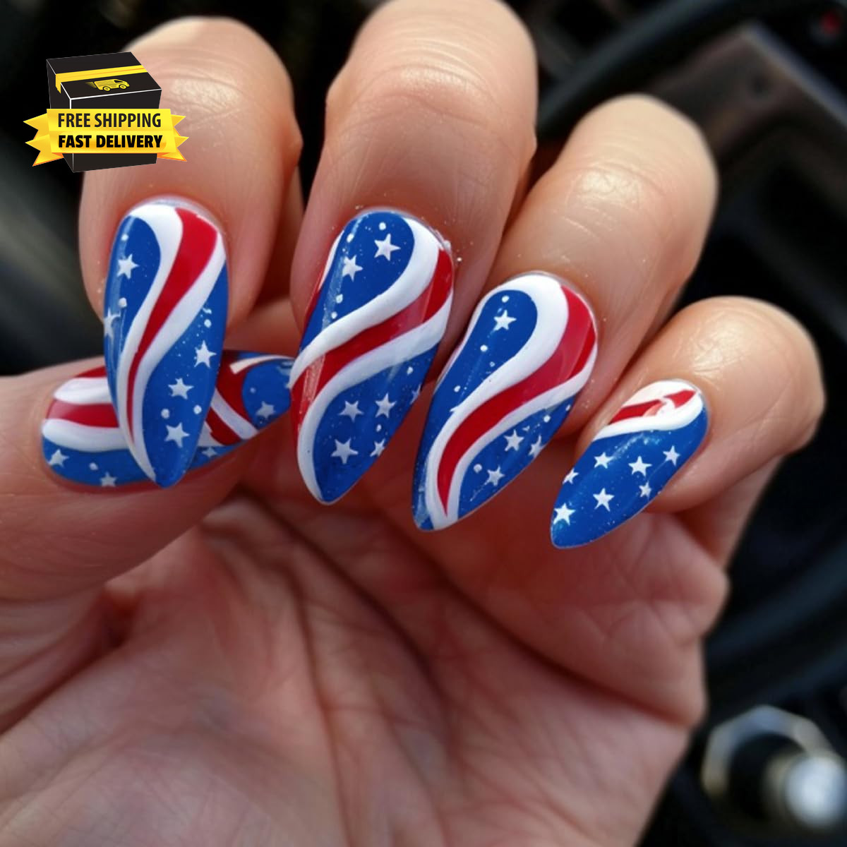 4Th of July Press on Nails Medium Almond Patriotic American Flag Fake Nails with