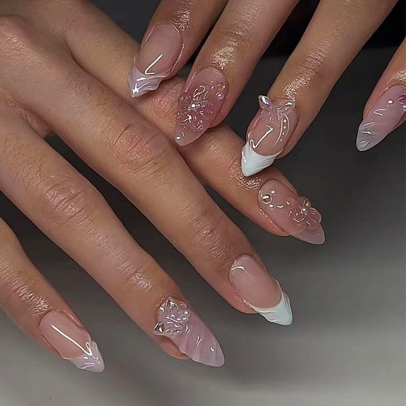24PCS Butterfly Press On Nails French Tip Reusable False Nails Full Cover Almond