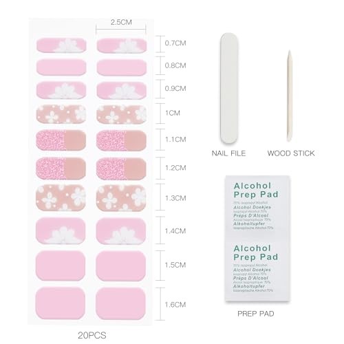 Gel Nail Stickers French Tip Pink White Flower Semi Cured Gel Nail Strips