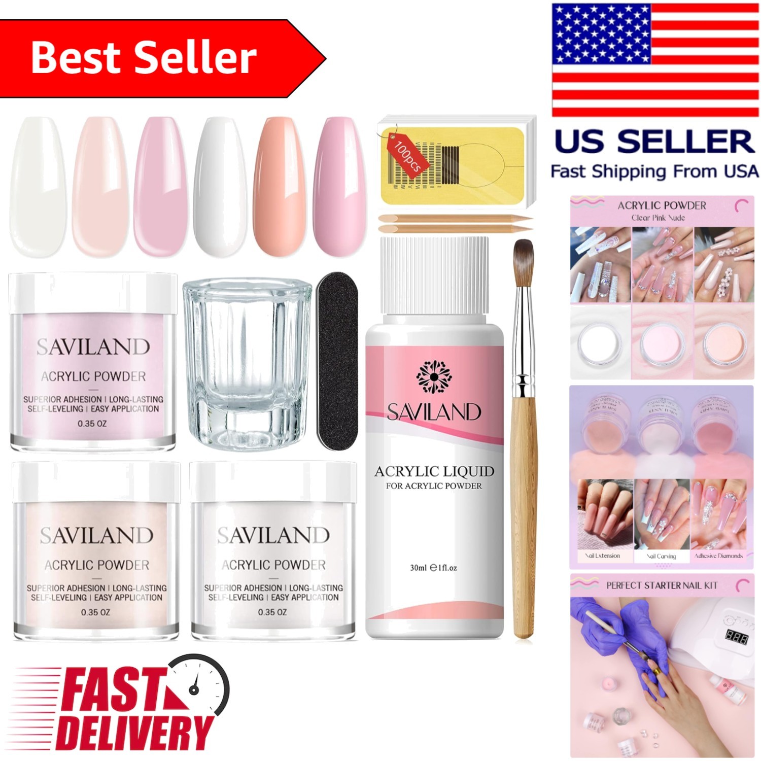 Acrylic Nail Starter Kit – Clear Pink Nude Powder, Liquid & Complete Tools Set