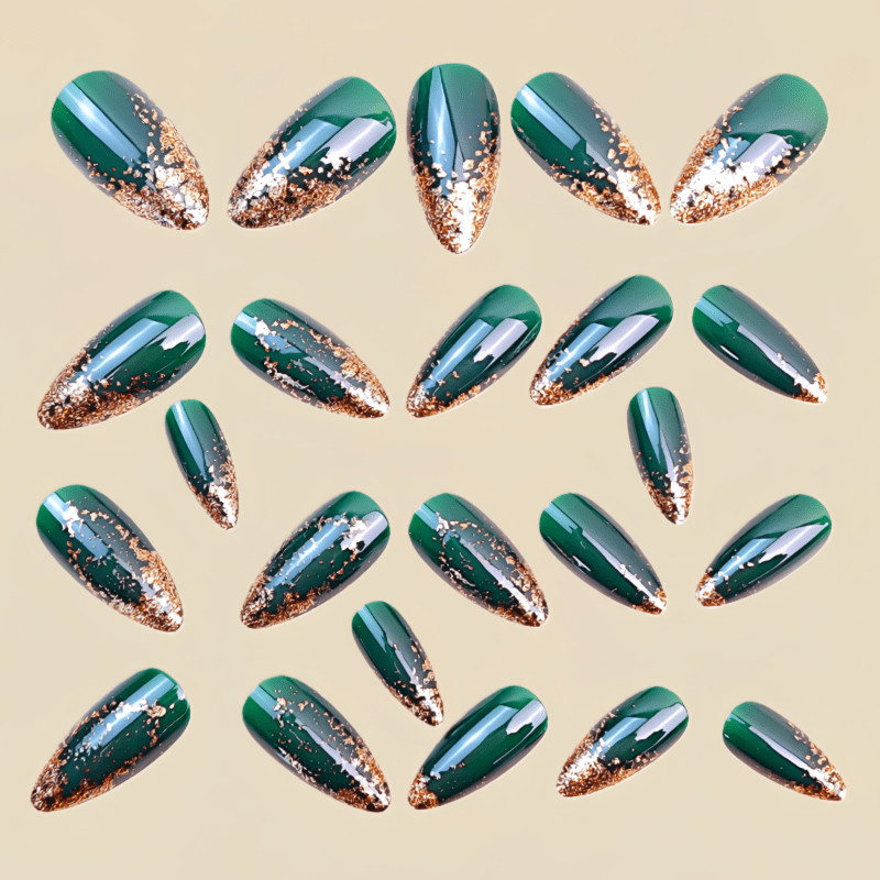48Pcs-Long Almond Dark Green Gold Glitter Gradient Fake Press on Nails Set