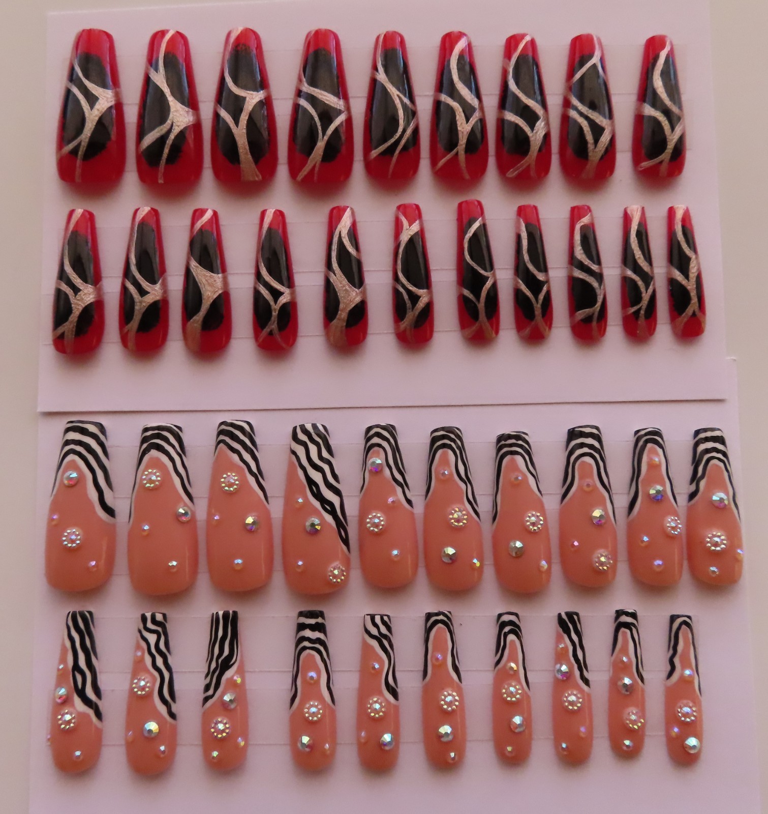 (2) Sets Black White Stripe Tip Pearl | Black Red Metallic Coffin Press-On Nails