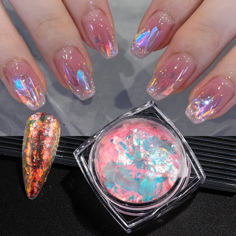 6pcs Aurora Opal Nail Glitter Flakes Iridescent Nail Pigment Crystal Mermaid Spa