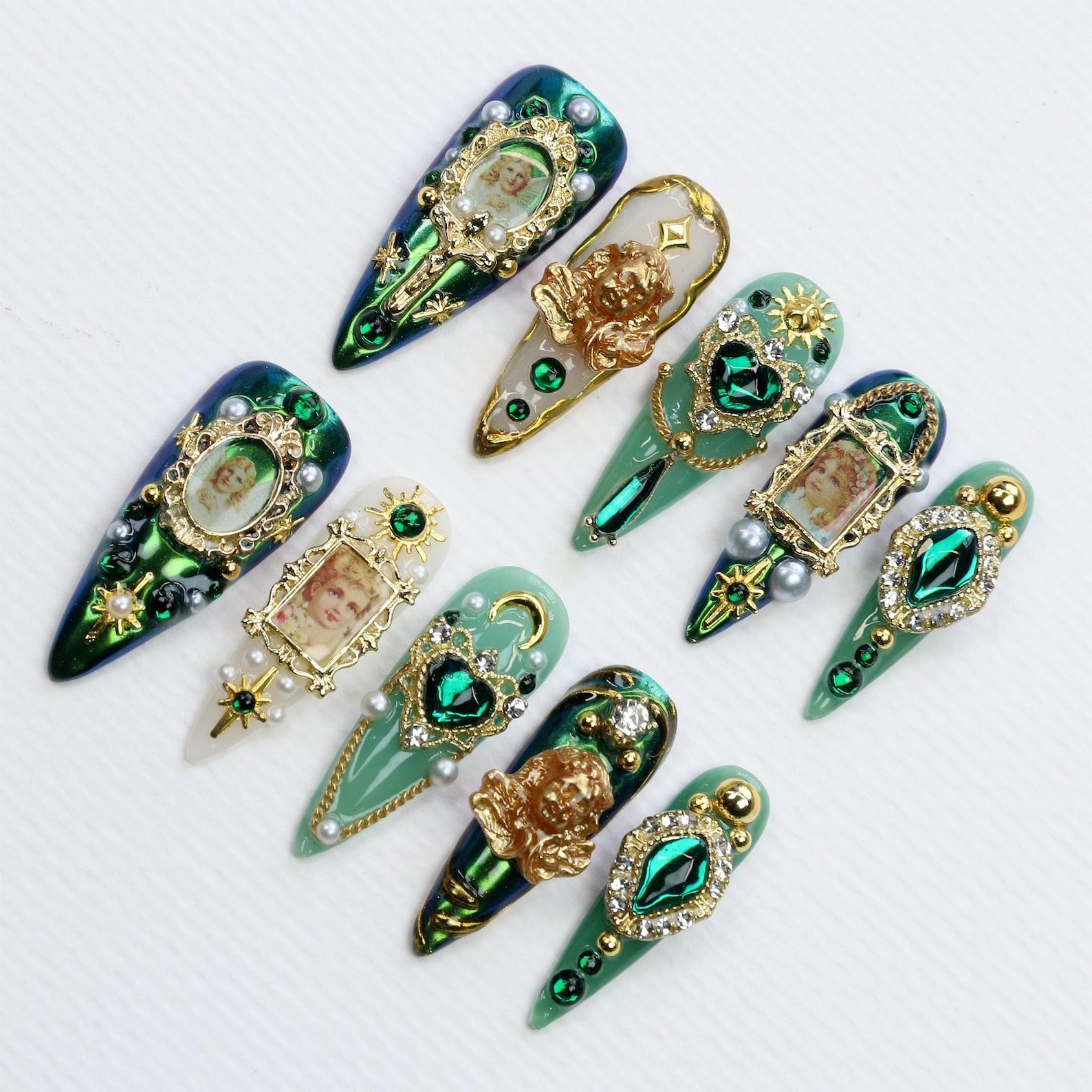 Handmade Vintage Angel Portrait Emerald Rhinestone Pearl Stiletto Press on Nails