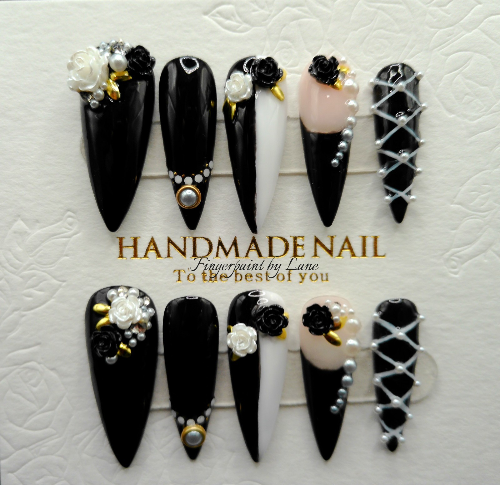 Black and White Rose Long Stiletto Press On Nails – Medium Size