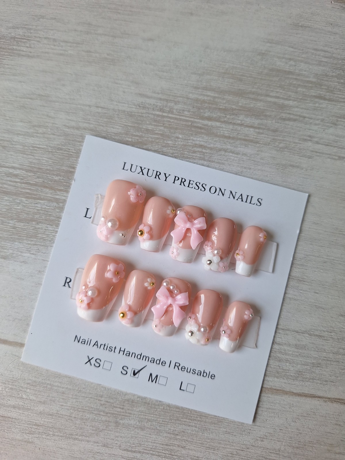 Nail Artist Handmade Press-On Nails Pink 3D Bow Flower Square S Reusable