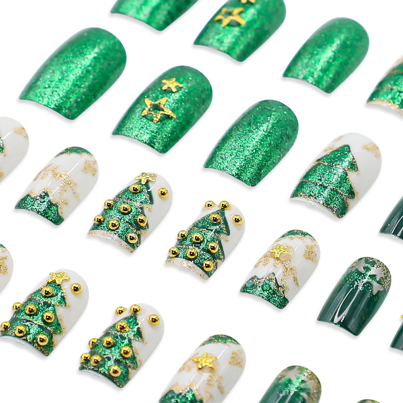 Christmas Press on Nails Medium,Green Square Fake Nails | 3D Christmas Tree &…