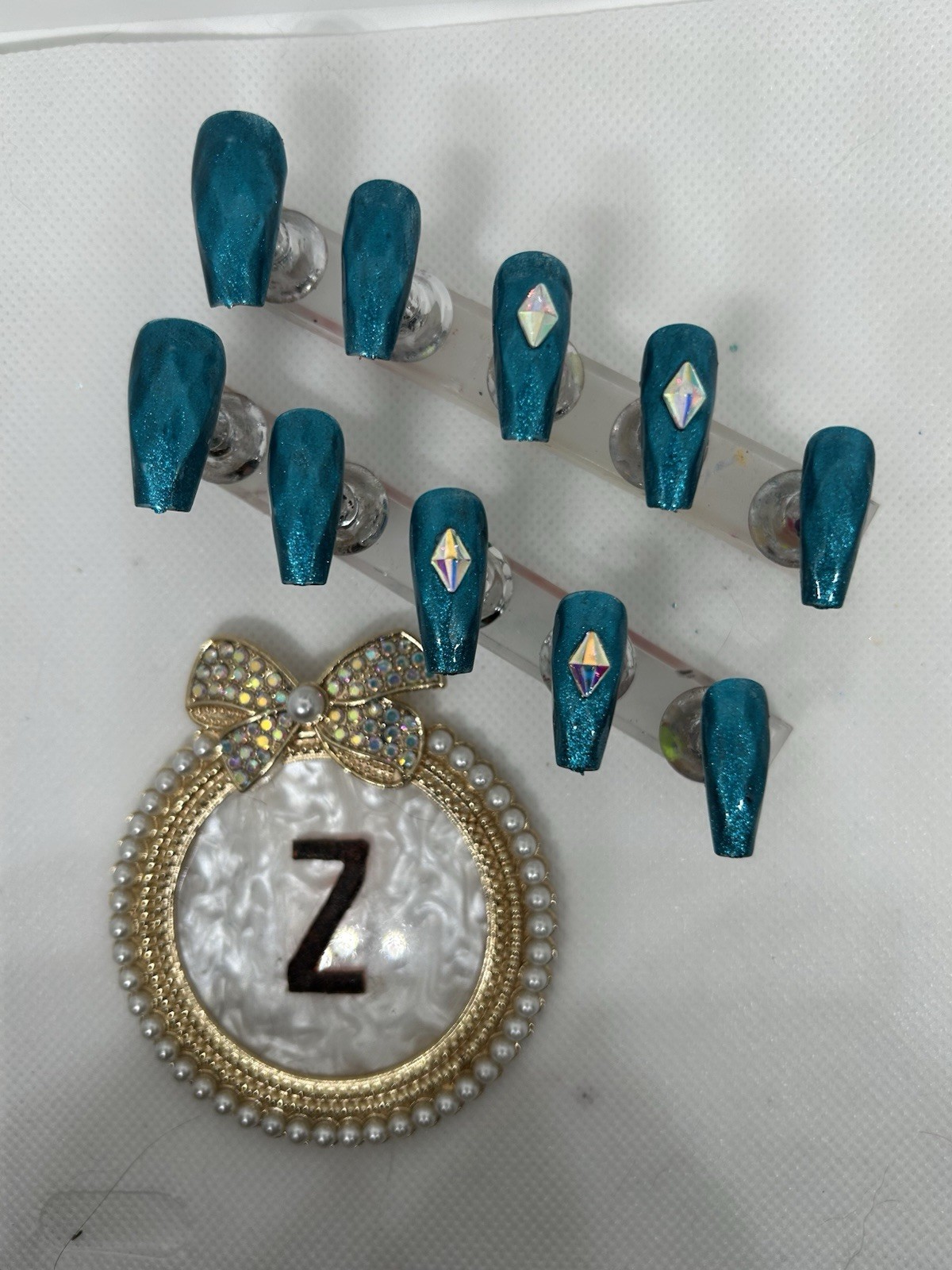 Z NAILZ! Handmade M Coffin Tesl Faceted Shiny W/AB Stones Press On Nails