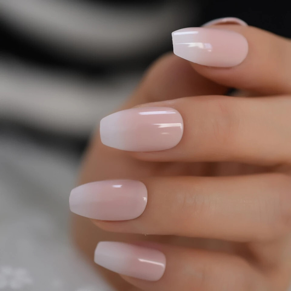 24 Medium Press on Nails kit glue on coffin ombre french pink white