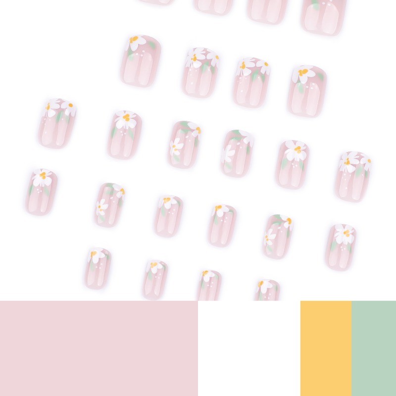 48Pcs-Nude White Daisy Press on Nails Short Round Nail Art Green Leaf Detail