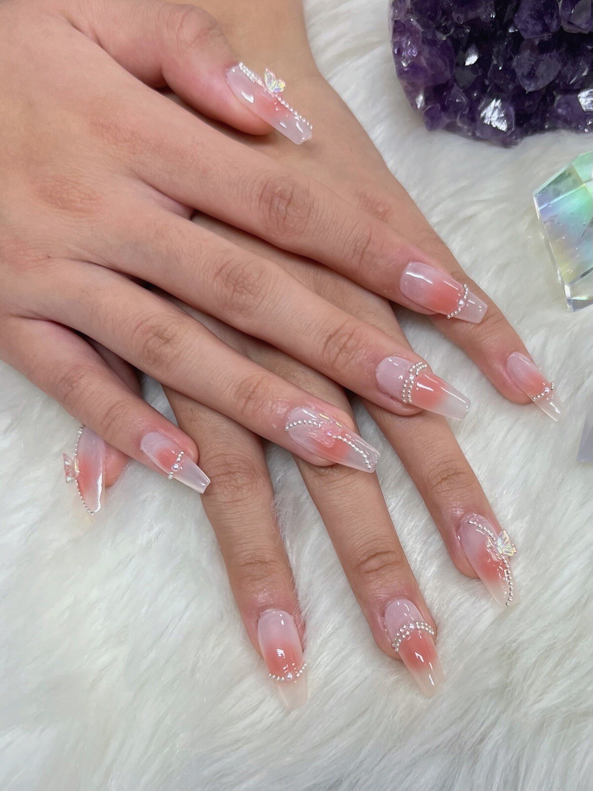 23Handmade Gel Press On Nails | Long Coffin Pink Butterfly Chain Reusable
