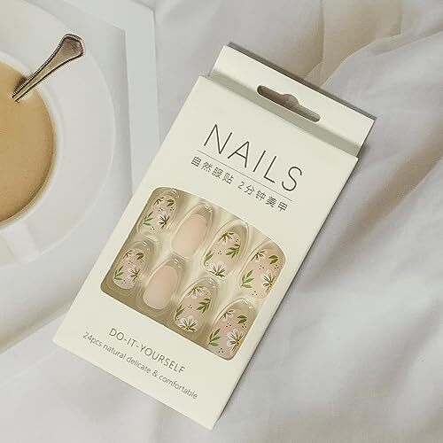 Flower Press on Nails Short Length, Oval Short Nude White Floral Green Leaf