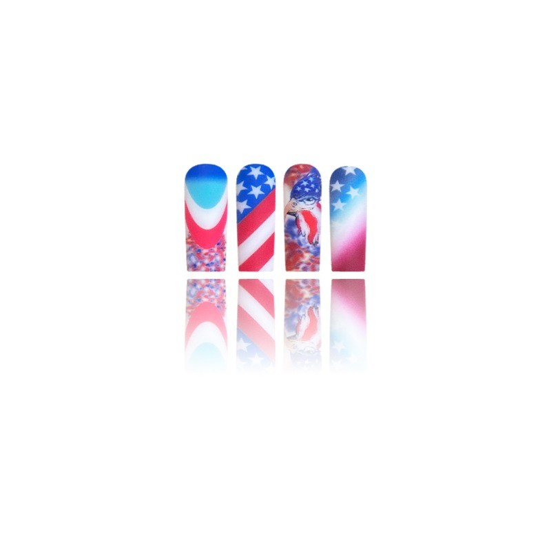 American Flag Press on Nails, Long Coffin Red Blue Gradient Patriotic Fake Nails