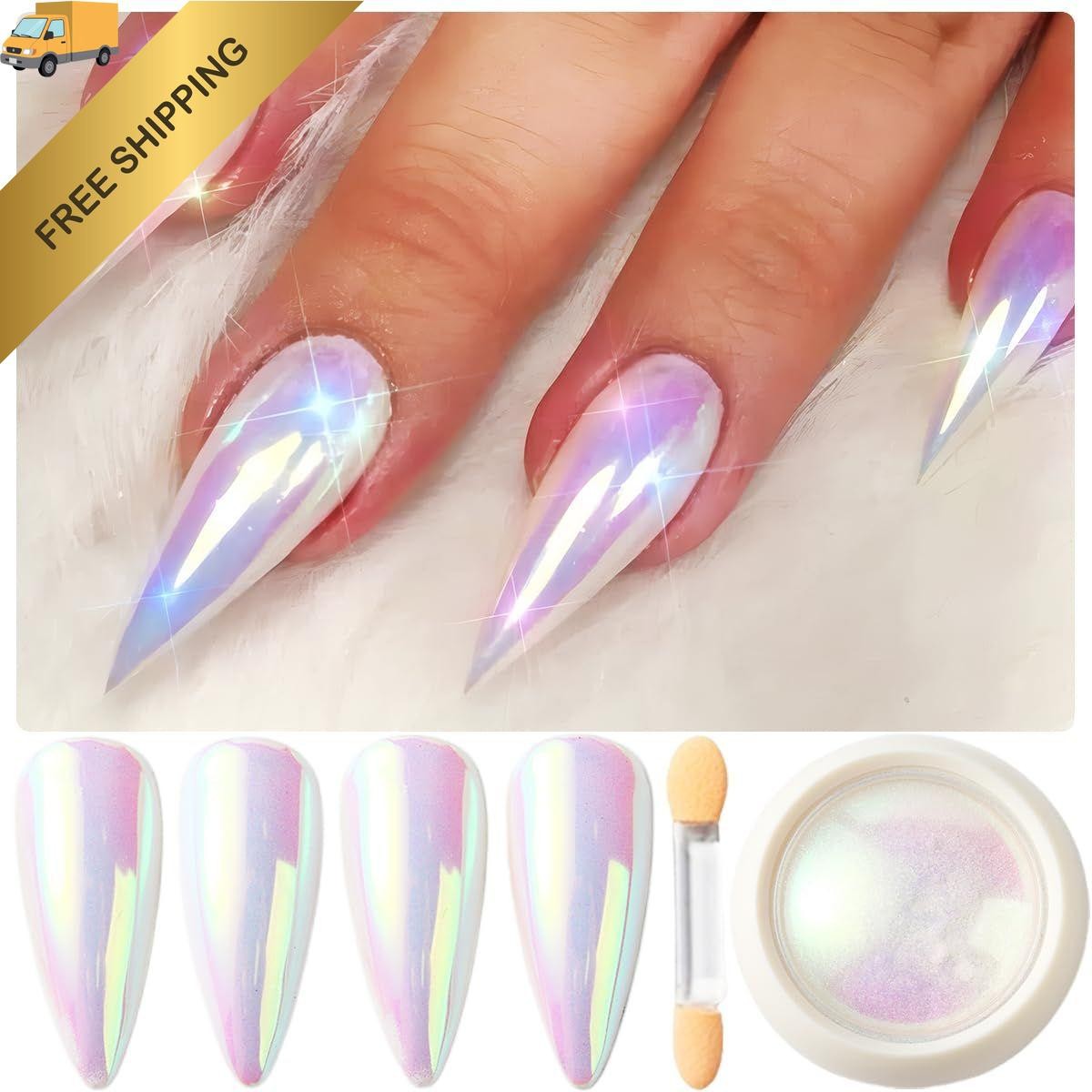Holographic Unicorn Chrome Nail Powder, Aurora Rainbow Neon Pigment Pink