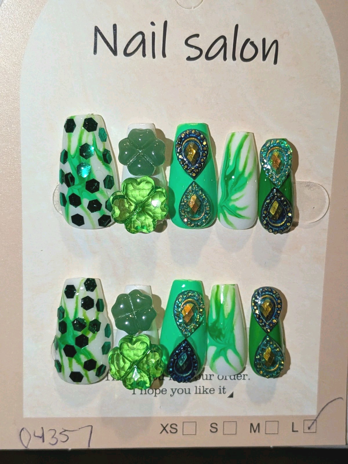 Hand Crafted St Patty Short Nail Set with Quality Glowing Gem Accents Sz LARGE
