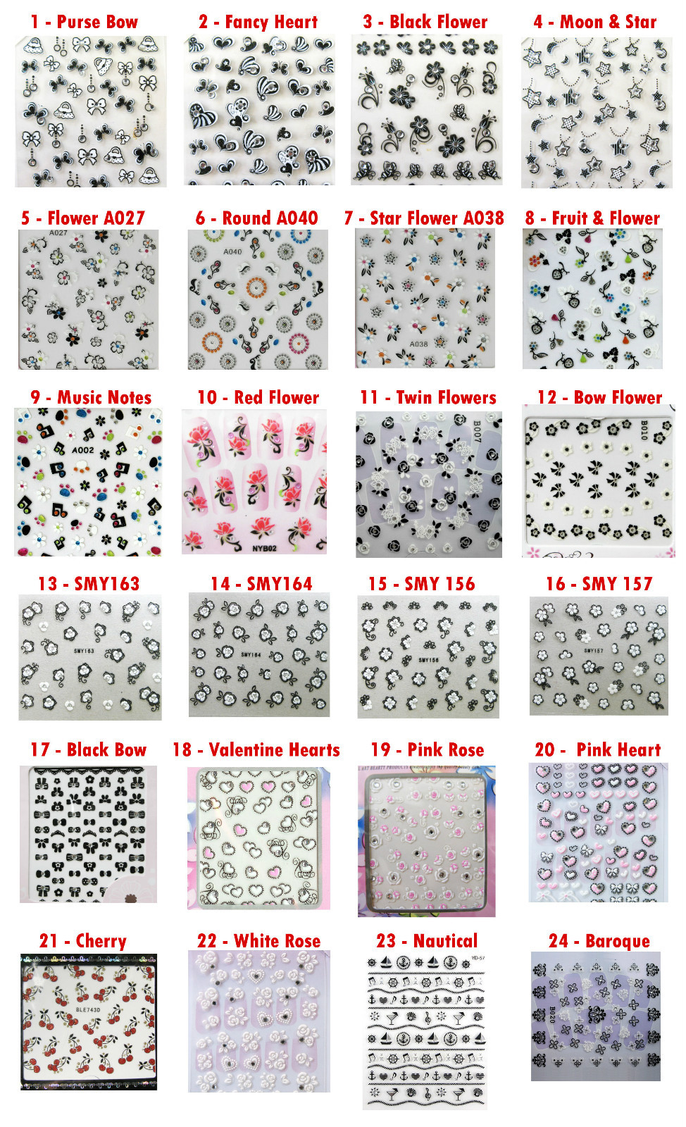 Nail Art Stickers – Flowers Hearts Bows Music cherry stars Decorations Decal