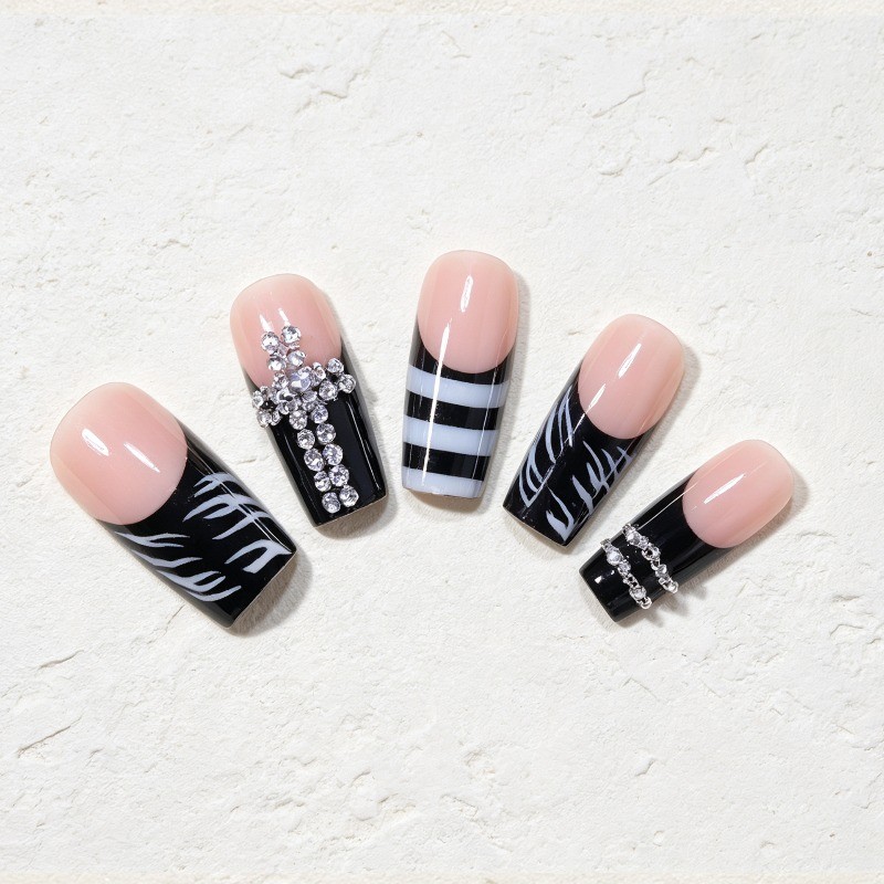 48Pcs Coffin Press on Nails, Black White Zebra Rhinestone Cross Cool Fake Nails