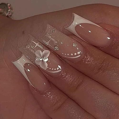 Foccna Long Press on Nails Nude Square Clear Fake Nails French Animal Print
