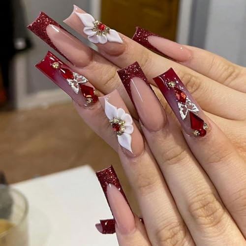 Long Square Press on Nails Fake Nails Artificial Nail Stick on Red and White