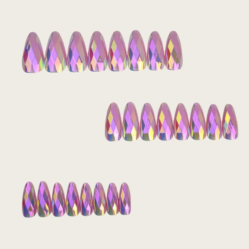 24 Lilac Medium Almond Press On Nails, 3D Diamond Shiny Holographic Design