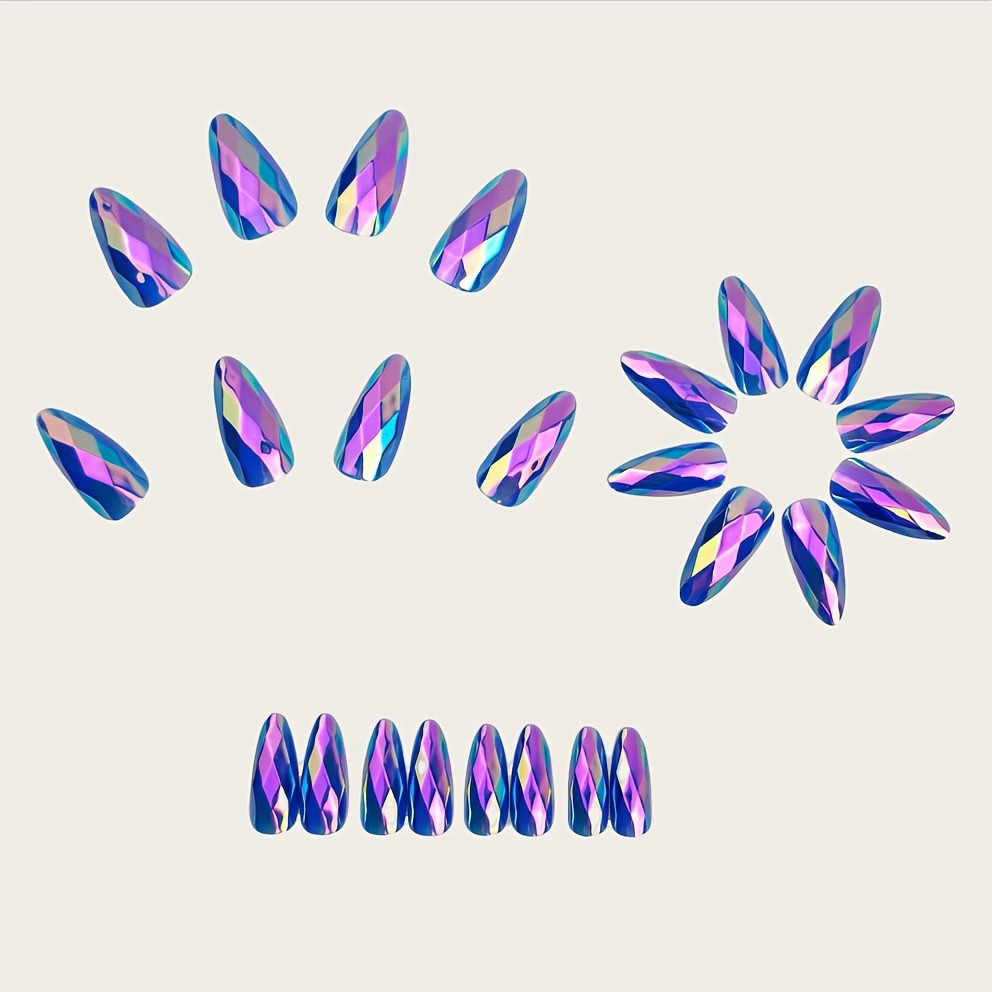 24 Bluish Medium Almond Press On Nails, 3D Diamond Shiny Holographic Design