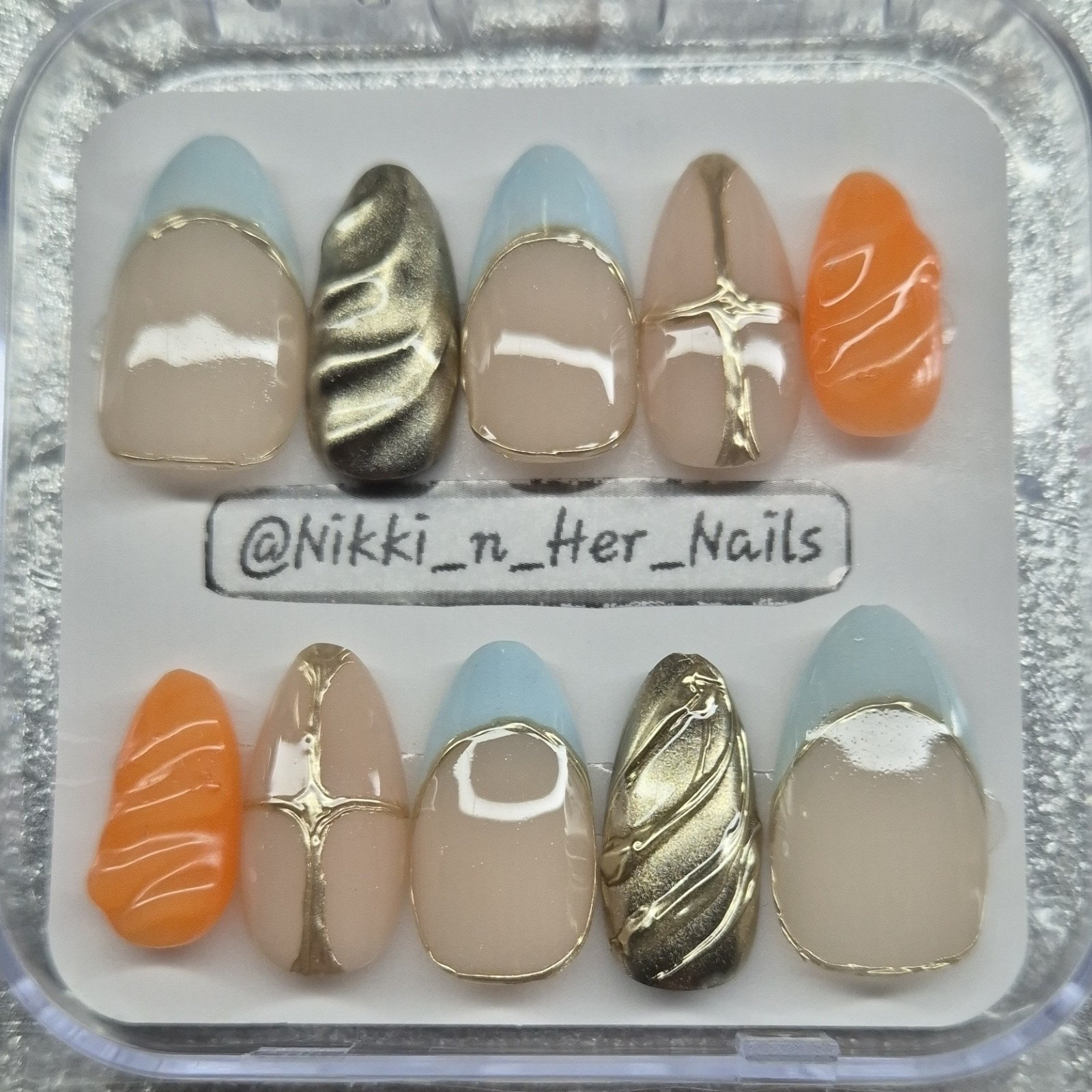 Beige Orange Gold Light Blue Metallic 3D Square Press-On Nails Set Medium