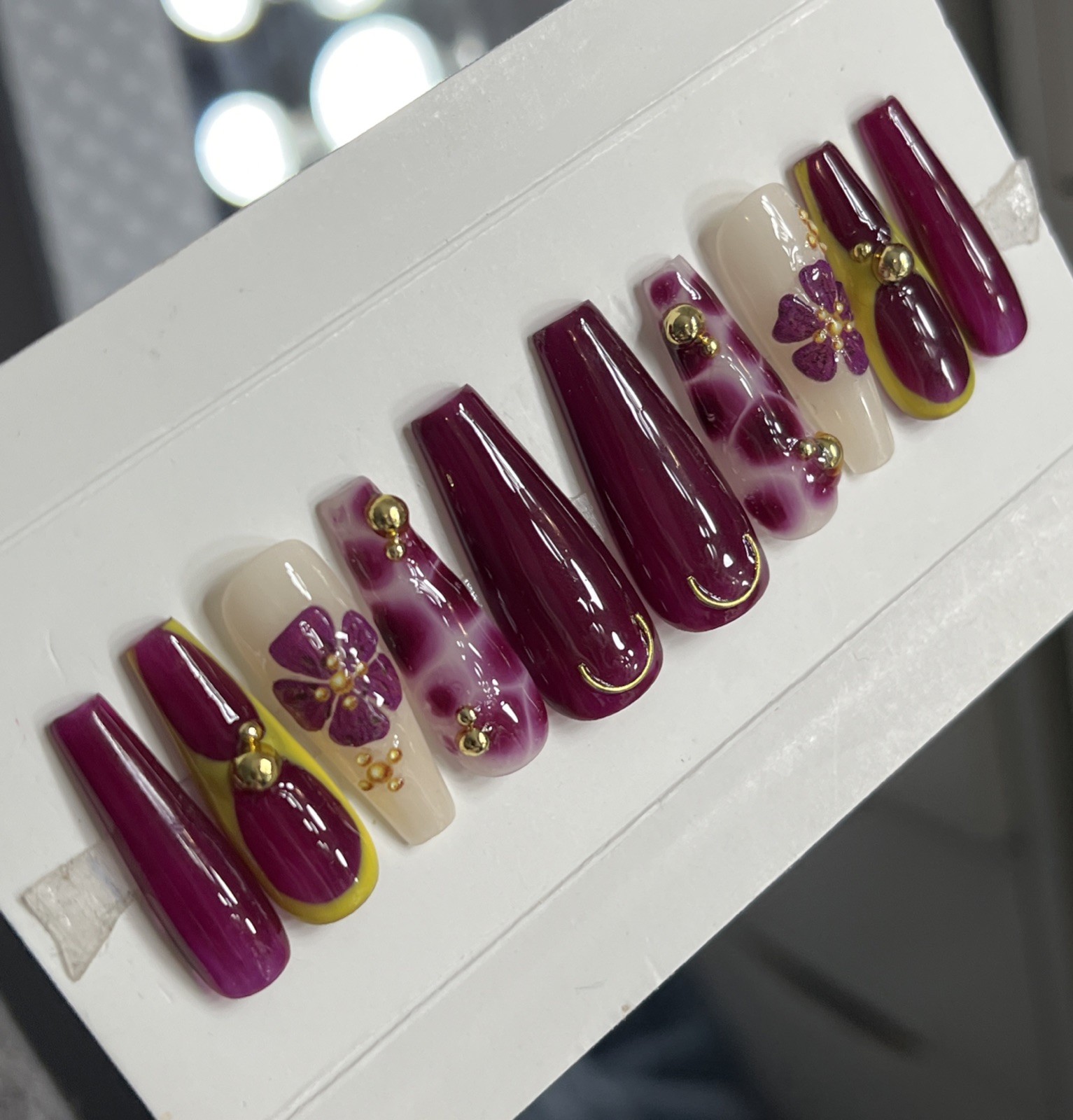 💜✨ Luxury Gel Press On Nails, PLUM FLOWER , LONG COFFIN 10p Set W/ FULL KIT