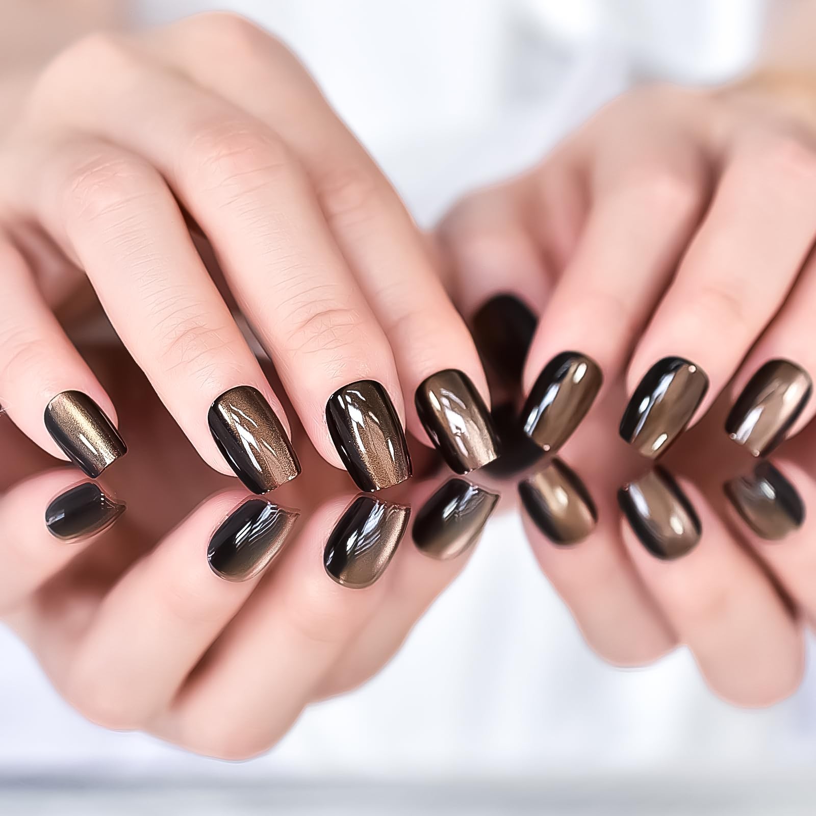 30pcs Glossy Black Brown Cat Eye Press On Nails Coffin Medium Length Nails Sa…