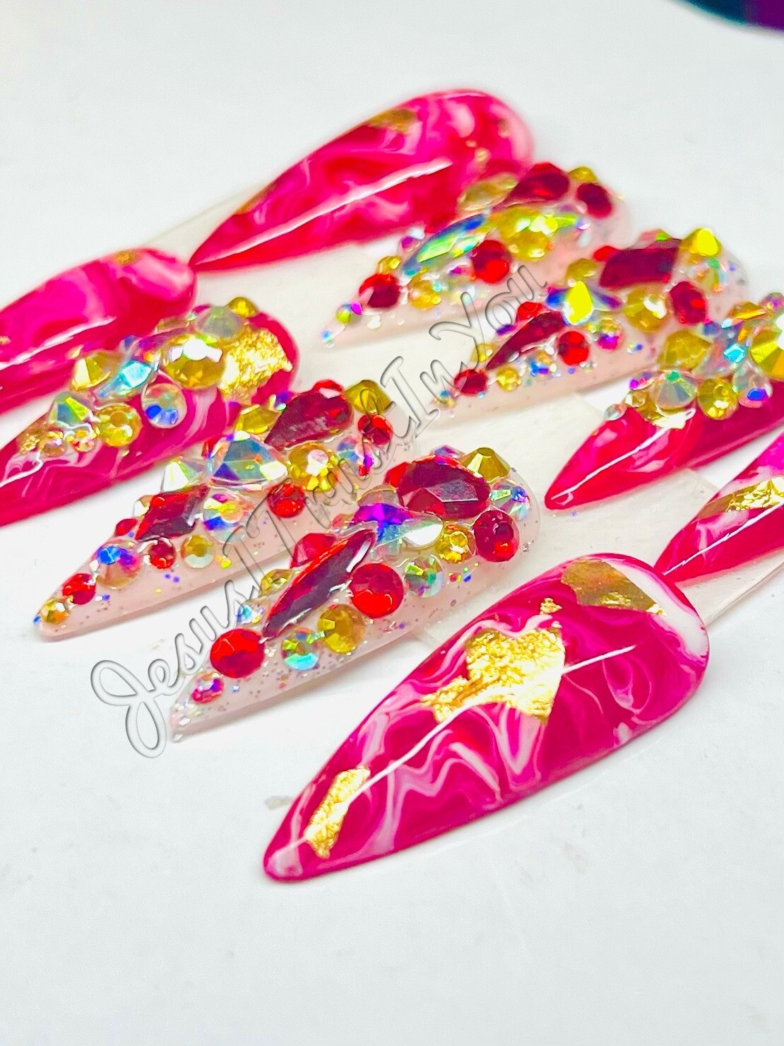 SPARKLE MARBLE- LONG STILETTO – NEW GEL PRESS ON NAILS GLUE ON NAILS MAKARTT