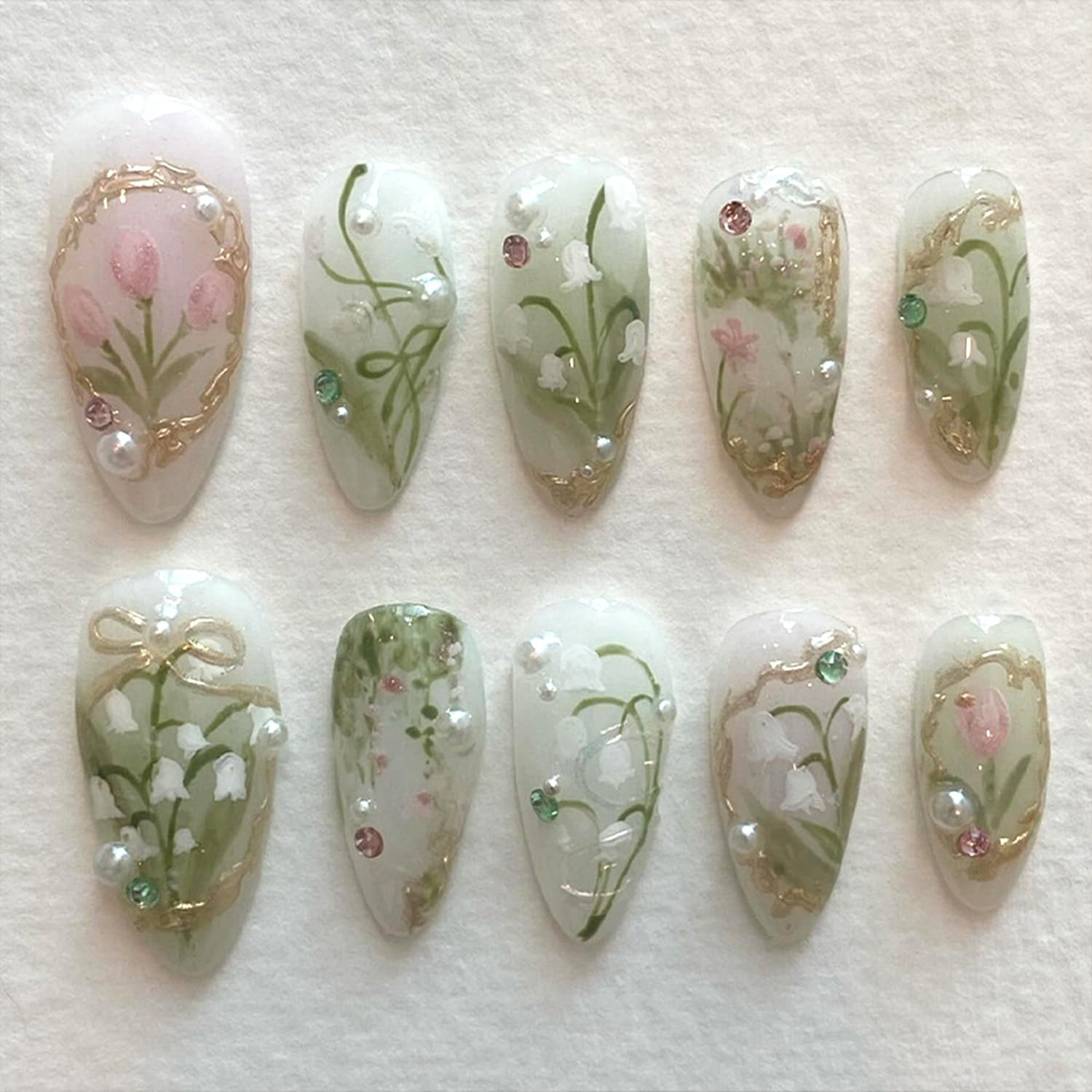 24Pcs Green Press on Nails Medium Almond Fake Nails 3D Pearl Rhinestones Design