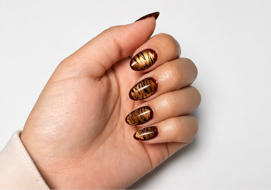 Tiger Print Press On Nails | Handmade Reusable Nails | Orange and Red Cateye