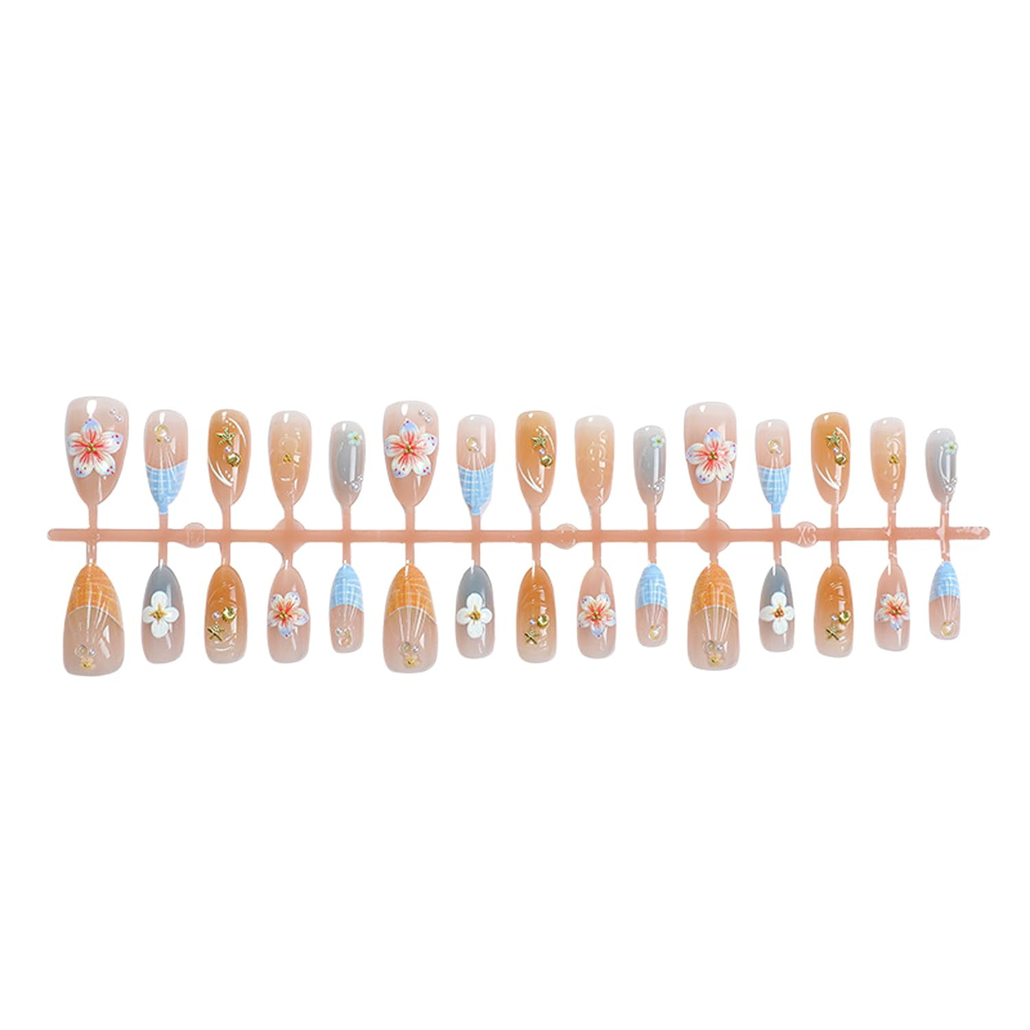 30Pcs Summer Beach Press on Nails Medium Almond Fake Nails 3D Colorful Flower De