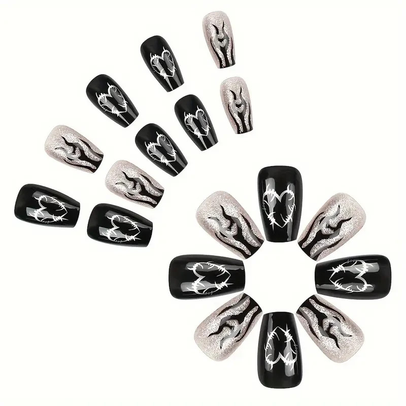 Ballet Press-On Jelly Nails 24pcs | Black Glitter Hearts & Flames Nail Set