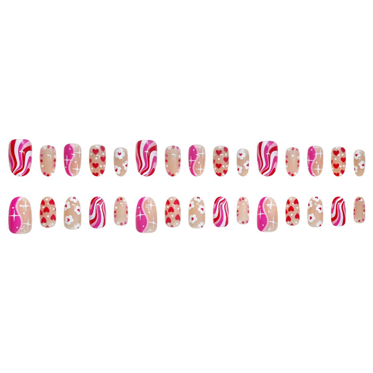 30Pcs Valentines Press on Nails Short Oval Fake Nails with Pink Wavy Stripes Ful