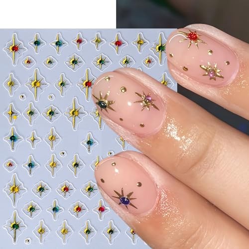 6 Sheets Shiny Star Nail Stickers for Nail Art 3D Glitter Gold diamond star