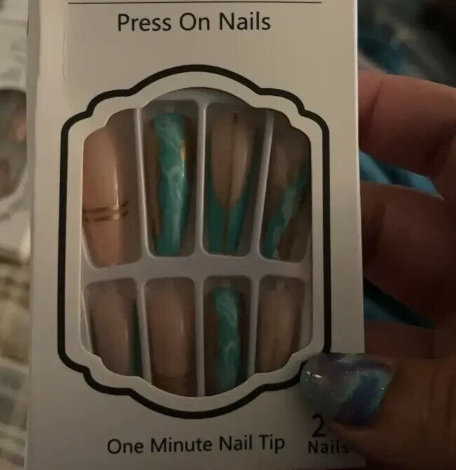 24Pcs Set Long Coffin Ballet Turquoise Green Marble Press On Nails Gold metallic