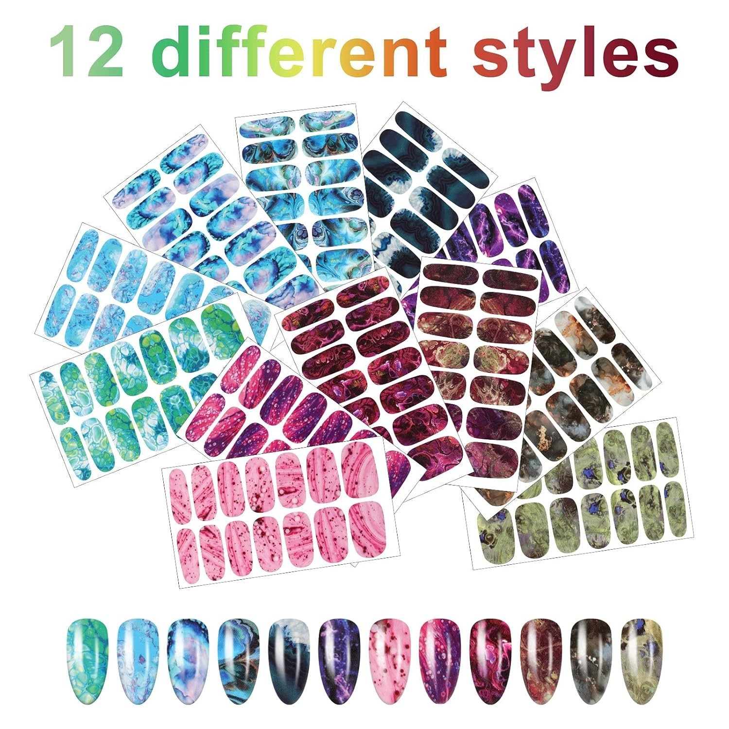168 Pcs 12 Sheets Full Wrap Nail Stickers Polish Strips Gradient Stickers Gli…