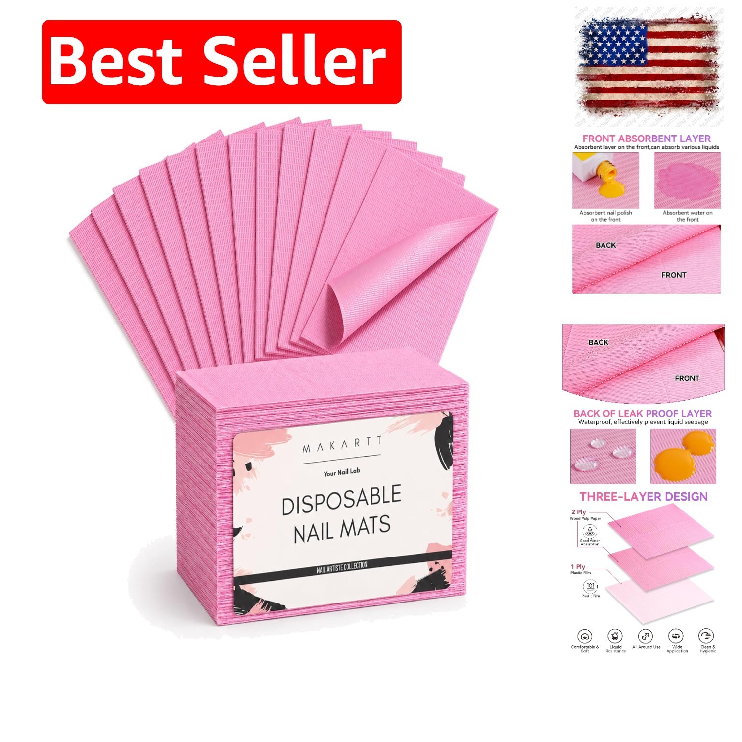 Disposable Nail Mats, 50 Pcs 3-Ply Absorbent Nail Table Pads with PE Backing,…