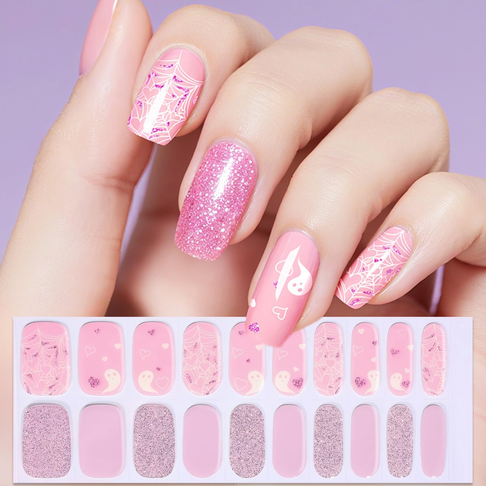 Halloween Semi Cured Nail Strips, 20 Tips Pink Ghost Spiderweb Design Nail Po…