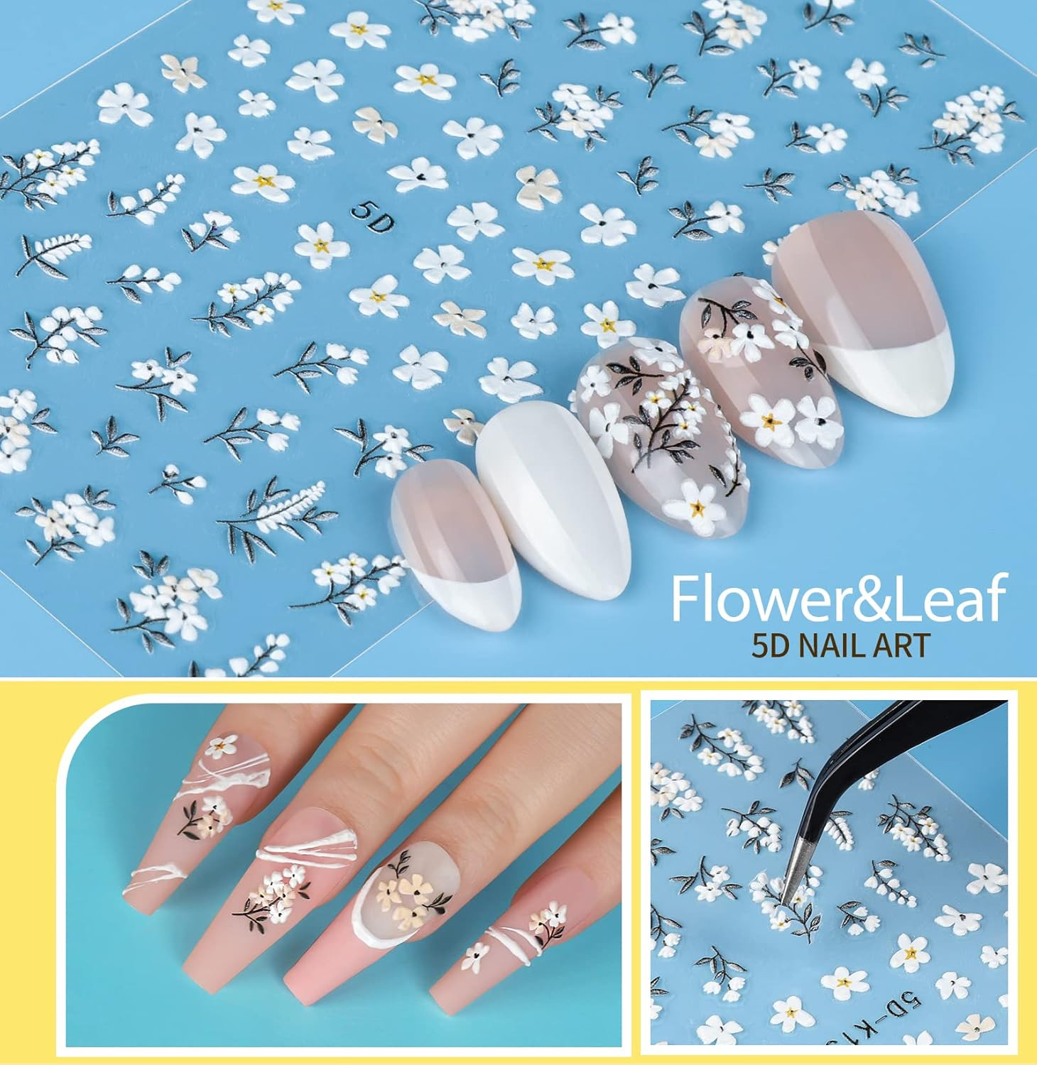 12 Hojas Para Uñas Acrilicas Gel Calcomanias y 5 lentejuelas copos En Oferta US