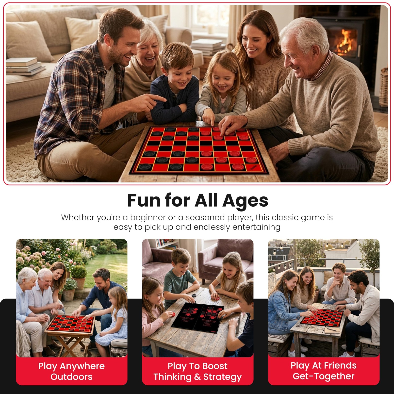 Kangaroo – Multiplayers Strategy Checker Board 15 x 15 inches, Red and Black