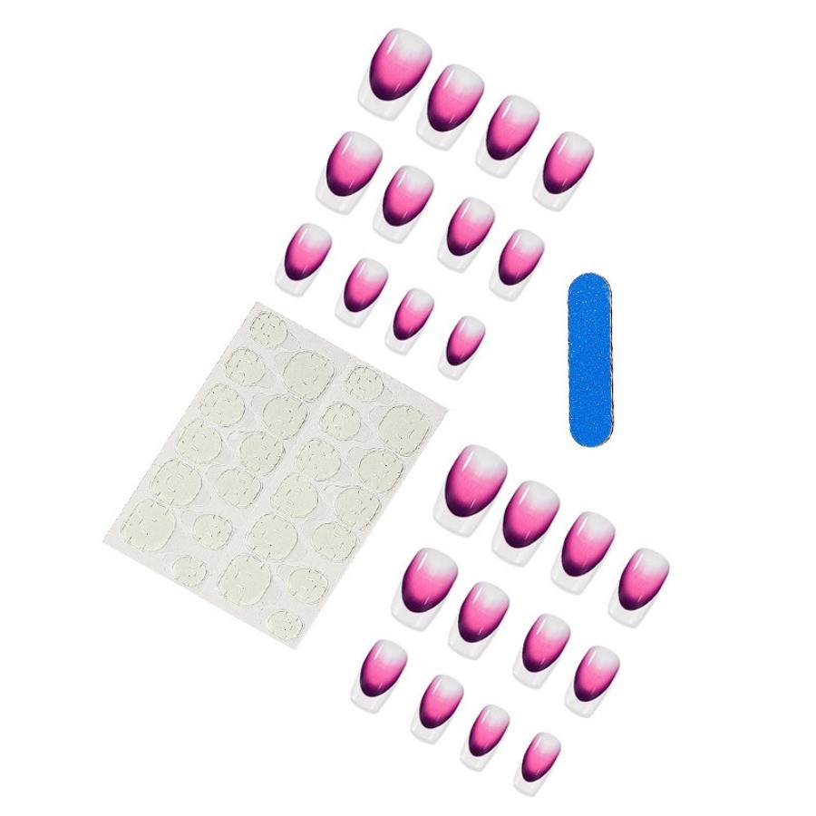 48pcs-Vibrant Gradient Nails with French Tip, Pink To Purple Ombre, Short Square