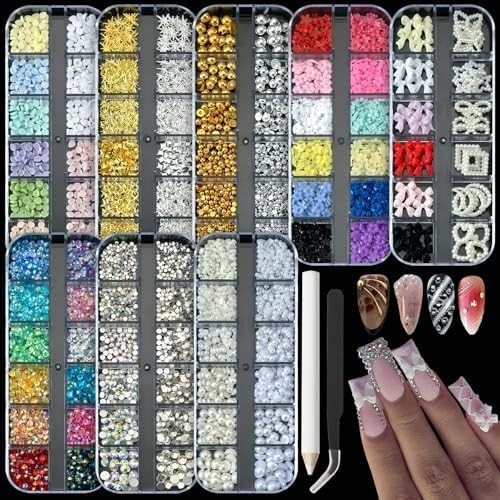 8 Boxes 3D Nail Charms and Gems Bulk Cute Charms for Nails Design Kit Bling Crys