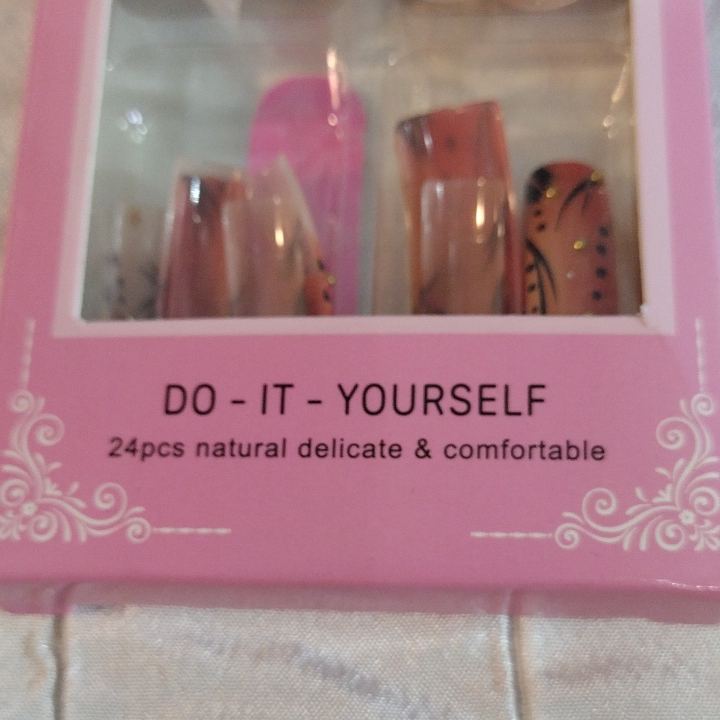 Long Square Press-On Nails Pink Nude Black Shiny Full Cover Pre-Designed 24pcs
